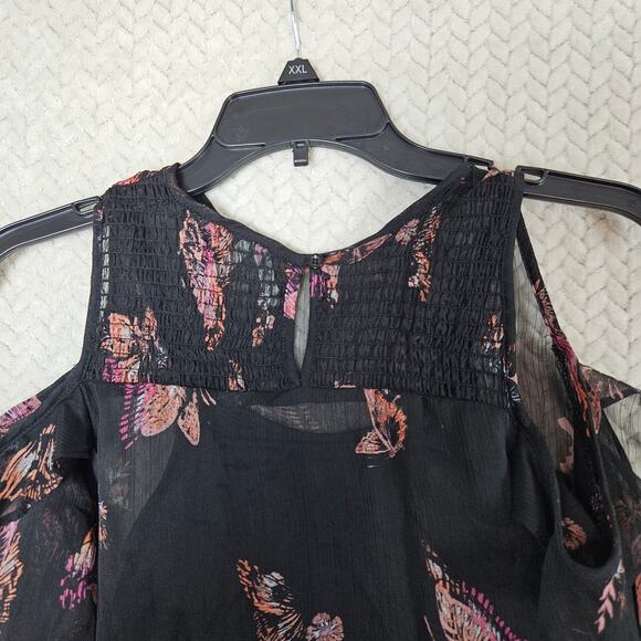 Mudd Cold Shoulder Blouse Womens XS Black Butterfly Print Sheer Boho Fairy Y2K - Picture 8 of 10